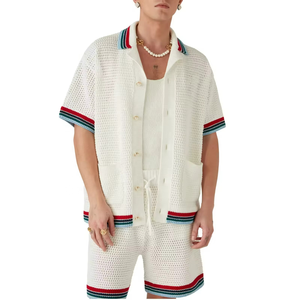 Nouvel ensemble décontracté homme tendance : chemise à manches courtes et pantalon long en polyester tissé, imprimé uni et respirant pour l'été - Product Image 1