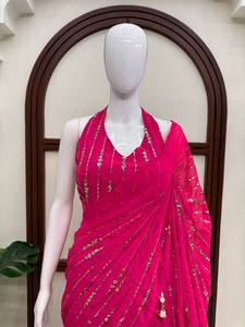 สินค้ามาใหม่ TENNECY ผ้า Foux Gorgette ปักดิ้นลายฉลุ งานปักเลื่อม ทรง Fishcut Lahenga Saree แห้งเร็ว ใส่ได้สองด้าน สำหรับผู้หญิง งานแต่งงาน งานเทศกาล - Product Image 5