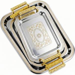 Plateau de service rectangulaire en métal avec motif incrusté d'or et poignées, design classique pour les fêtes - Product Image 1