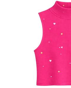 Débardeur court côtelé rose vif personnalisé à col montant sans manches avec imprimé cœurs et étoiles pour femme, coupe ajustée extensible, mode estivale - Product Image 2