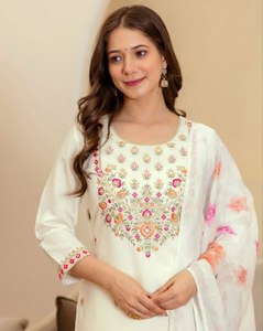 White Floral Printed Cotton Salwar Kameez With Dupatta For Women Traditional Indian Pakistani Casual Wear <b>Ankle</b>-Length Regular F - Product Image 2