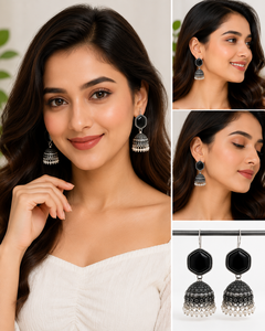 Boucles d'oreilles Jhumka en argent oxydé faites à la main avec pierres noires et perles pour femmes - Fournisseur en gros - Product Image 2
