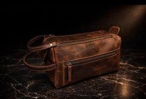 Premium Handmade Brown Leather Dopp Kit Vintage Style Travel Cosmetic Bag with Zipper Closure - Product Image 3
