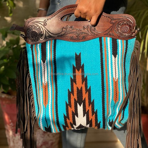 Nuevo bolso de hombro de cuero con flecos de tela Jacquard artesanal de alta calidad, bolso de mano con asa de vaquera de cuero genuino - Product Image 5