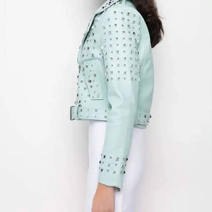 Veste moto en cuir PU bleu clair pour femme, col rabattu, fermeture éclair, manches longues, veste à rivets, style automne - Product Image 3