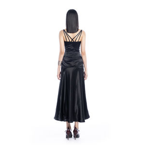 ODM satén negro vestido de fiesta vestido Sexy tejido con cuello en V Natural té-longitud Vietnam alta calidad ODM Elegante ropa de mujer - Product Image 5