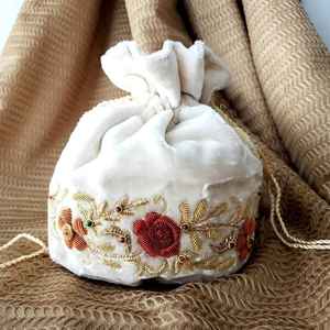 Low Price White Velvet Potli Bag <b>Red</b> Floral Zardosi Embroidery Women Wedding Bridal Drawstring <b>Purse</b> Ethnic Evening Handbag - Product Image 1