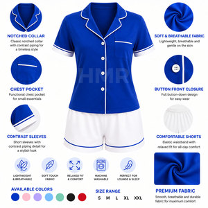 Conjunto de Pijama de Manga Corta con Ribete Azul y Blanco de la Hermandad HMR, Ropa de Dormir Informal de Algodón con Botones al Frente, Ropa de Verano - Product Image 6