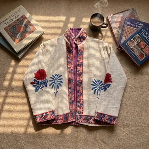 Block Print <b>Womens</b> White Embroidered Floral Mandarin Collar Jacket Open Front Prairie Chic <b>Spring</b> <b>Coat</b> - Product Image 6