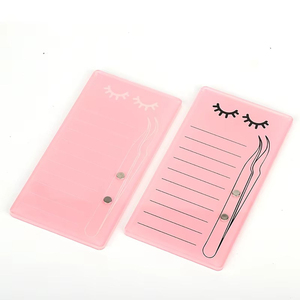 Pink Acrylic Eyelash Tile with Lines Printed Lash Extension Palette <b>Holder</b> Cute Lash Strip Board Organizer with Gold Tweezers - Product Image 4
