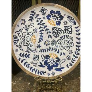 Assiette de service en bois de manguier écologique émaillée - Assiette ronde de 12 pouces à imprimé floral - Plateau en bois durable avec revêtement émaillé - Product Image 1