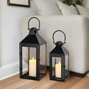 Lanterne suspendue en fer noir moderne de petite taille, décoration de Noël extérieure, porte-bougie carré en fer pour usage familial - Product Image 4