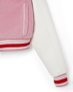 Pink Varsity <b>Jacket</b> With <b>White</b> Sleeves And Red Trim Embroidered Logo Front Preppy Style Autumn Wear Unisex - Product Image 4
