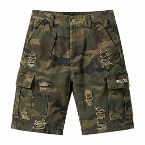 Pantaloncini Cargo in Jeans Camouflage con Stampa Integrale, Vita Media, 100% Cotone, Tasche Funzionali, Ricamati, Effetto Usurato e Strappato, Personalizzabili dal Produttore - Product Image 1