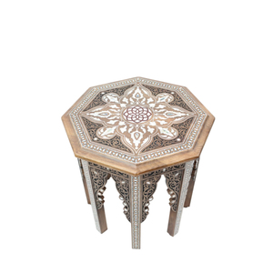 Table d'appoint octogonale en bois massif marocain sculptée à la main avec insert en mosaïque, design attrayant, meuble d'appoint à prix avantageux - Product Image 4
