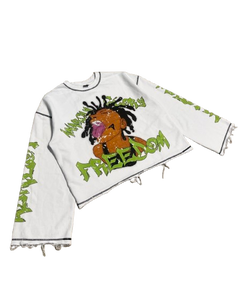 เสื้อยืดแขนยาวพิมพ์ลายกราฟิกสีขาว เสื้อสตรีทแวร์แบบหนา เสื้อยืดแขนยาวสไตล์ดิสเทรส ผู้ผลิตสินค้าภายใต้แบรนด์ของผู้จ้าง (OEM) - Product Image 1