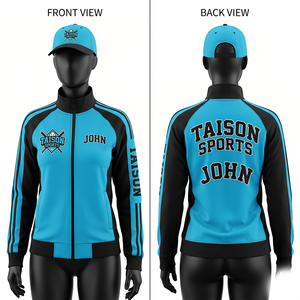 Chaqueta de Entrenamiento de Béisbol Premium de Poliéster Interlock de 280 GSM, Diseño de Paneles Azul y Negro, Logotipo Bordado con Impresión Personalizada - Product Image 1