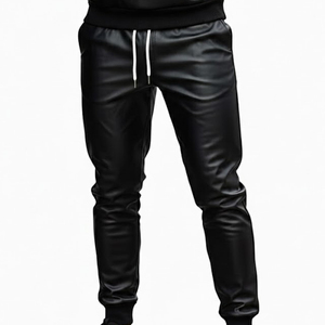 Men's Black Leather Look Hooded Tracksuit Set Full Sleeve Drawstring Sweatshirt <b>Jogger</b> Pants Solid Color Casual Autumn Wear - Product Image 4