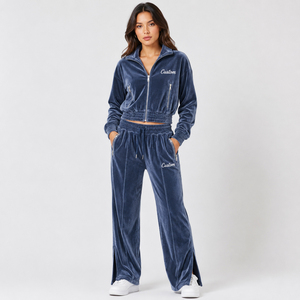 Hot Selling Custom Velour Tracksuit for Women Plus Size Zip-up <b>Embroidery</b> <b>Set</b> Solid Pattern 2 Piece <b>Set</b> Velvet Suit 2026 - Product Image 3