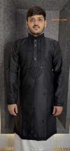 Elegant Black Color <b>Mens</b> Ethnic Wear <b>Kurta</b> Shiny Malai Satin Tonal Silk Thread Work Jet Black Beads Traditional Wedding Outfit - Product Image 6