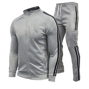 Unisex Gray Tracksuit Set Full-<b>Zip</b> <b>Hooded</b> Casual Jogging Suit Side Pockets Quick Dry Breathable Polyester/Cotton Fleece Lining - Product Image 1