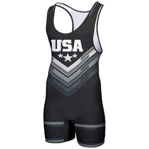 Tenues de lutte unisexes noires imprimées, design de logo, tissu compressif respirant en spandex/polyester, lutte d'équipe - Product Image 1