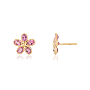 Magnifiques boucles d'oreilles florales en or jaune 14 carats avec saphir rose serti clos, design magnifique, cadeau d'anniversaire pour elle, bijoux raffinés - Product Image 3