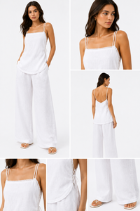 Professional OEM Supplier <b>Women's</b> Casual <b>Short</b> Sleeveless White Cotton Cami Blouse Loose Long Wide Leg <b>Trousers</b> Two-Piece Set - Product Image 6