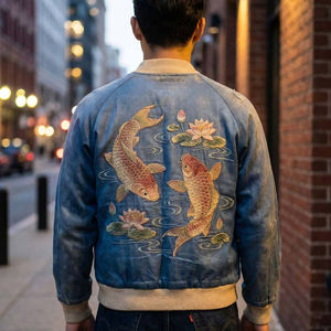 Blouson Bomber en Satin Bleu pour Homme, Broderie Japonaise Vintage, Carpe Koi, Lotus, Sukajan, Manteau Souvenir - Product Image 1