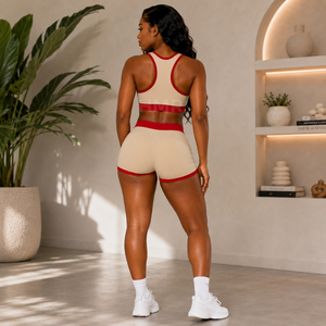 HMR Sisterhood Sorority 2 Piece Yoga Set Beige <b>Red</b> Contrast Binding Racerback <b>Crop</b> <b>Top</b> High Waist Shorts Seamless - Product Image 4