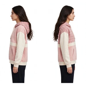 NEXTEX Unisex Patchwork Hoodie Pink Plaid <b>Cream</b> Band Color Block Pullover Soft Cotton <b>Fleece</b> Hooded Sweatshirt <b>Women</b> - Product Image 2