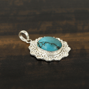Collier pendentif turquoise de style vintage, pierre ovale bleue, plaqué argent, fait main, bijoux bohèmes, cadeau pour femme, charme ethnique - Product Image 4