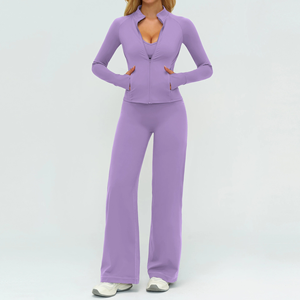 Ensemble de yoga 3 pièces pour femme, noir, avec crop top à col en V, pantalon taille mi-haute à jambes larges froncé aux fesses, longueur intégrale, respirant et extensible, pour le fitness - Product Image 4