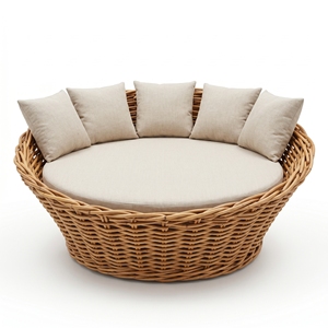 Thaloone Outdoor Round Rattan Daybed Premium Wicker Sunbed Resort Style Lounge Furniture With Daphni <b>Cream</b> Fabric Cushions Patio - Product Image 1