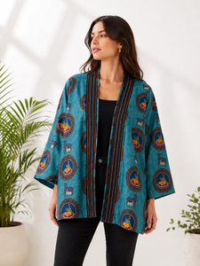 Kimono Estampado para Mujer al por Mayor, Chaqueta Boho Azul Turquesa con Mangas Acampanadas y Cintura Ajustable, Seda Tussar Estampada Teal - Product Image 1
