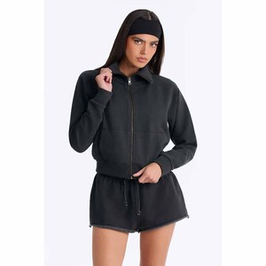 <b>Women</b> 2 Piece <b>Fleece</b> Sweatshirt And Shorts Set Full Sleeve Stand Collar Zipper Casual Solid <b>Black</b> Above Knee Regular Fit - Product Image 6