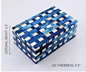Rectangular MDF <b>Storage</b> <b>Box</b> for Jewelry Blue White Resin Checkered Woven Design Modern Versatile Eco-friendly with <b>Lid</b> - Product Image 1