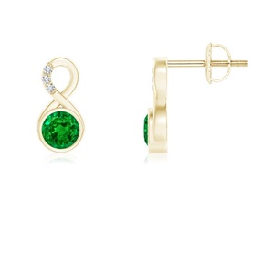 Boucles d'oreilles clous en or jaune 14 carats avec émeraude naturelle et diamant, serties clos, motif boucle infinie, bijoux fins pour femme, cadeau pour fiancée - Product Image 1