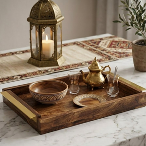 Premium Wooden Serving Tray with Metal Handles | Ramadan Eid Food Serving Tray Decorative Giveaway <b>Gift</b> for Home Dining Decor - Product Image 2