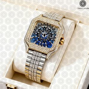 Charm Jewells Luxury Stainless Steel <b>Watch</b> Square Case Analog Quartz Movement <b>Diamond</b> Encrusted Band Unisex - Product Image 1