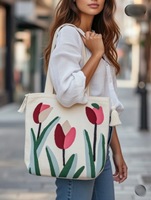 Tas katun motif bunga dengan pola bordir, dua tali, tas selempang katun, warna tenun tangan, dua tali, dekorasi rumbai, bergaya.