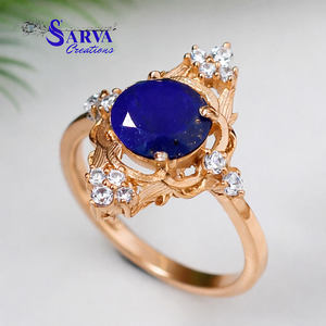 Natural Lapis Lazuli Vintage Style <b>Ring</b> with Cubic Zirconia Accents 925 Sterling <b>Silver</b> <b>Statement</b> Engagement <b>Ring</b> for Women - Product Image 3