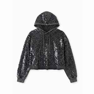 <b>Women's</b> <b>Black</b> Acid Wash Regular Hoodie with Sequined Embellishment Drawstring <b>Fleece</b> Pullover Winter Streetwear Sweatshirt - Product Image 1