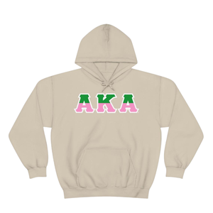 Sudadera con Capucha AKA de Dos Tonos con Letras, Sudadera Premium de Forro Polar, Ropa Personalizada para Hermandades Griegas, para Mujer, en Beige Arena, Verde y Rosa - Product Image 1