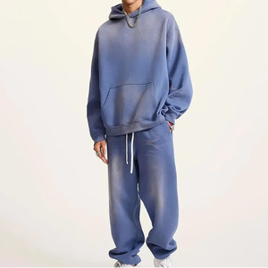 Ensemble de survêtement d'hiver décontracté pour homme, bleu, à capuche, léger, délavé à l'acide, sans manches, coupe droite, en polyester, avec pantalon à cordon de serrage, couleur unie - Product Image 1
