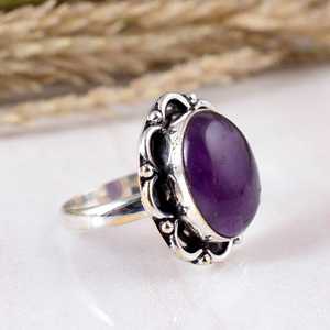 Handmade Purple Amethyst Oval Bezel Setting Sterling <b>Silver</b> Floral Border Design <b>Boho</b> & Hippie Wedding Party <b>Ring</b> Unisex - Product Image 2
