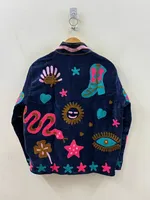 Marineblaue Samt-Winterjacke mit Blumenmuster und Gesticktem Pop-Art-Design Klassische Blau-Weiße Streifen aus Baumwollstoff