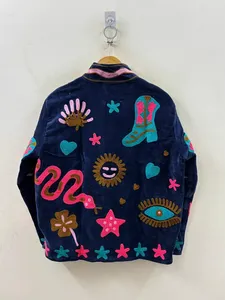 Chaqueta de Terciopelo Azul Marino con Bordado Vibrante de Arte Pop y Tela Clásica a Rayas Verticales Azules y Blancas - Product Image 2