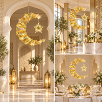 Kleine Batteriebetriebene LED Goldener Draht Halbmond mit Mehrfarbigen Kristallblumen und Sternanhänger für Ramadan-Dekoration