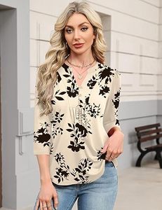 Aura Henley - Blusas de Verano para Mujer, Elegantes y Casuales, con Cuello en V, Plisadas, Holgadas, de Manga Corta, para el Trabajo - Product Image 3